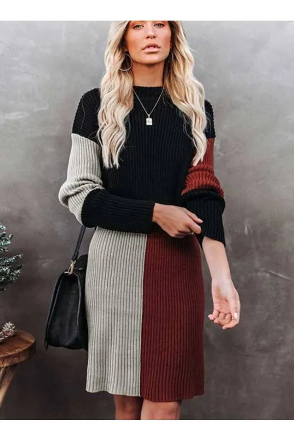 Tricolor winter long sleeve jersey dress - top result.