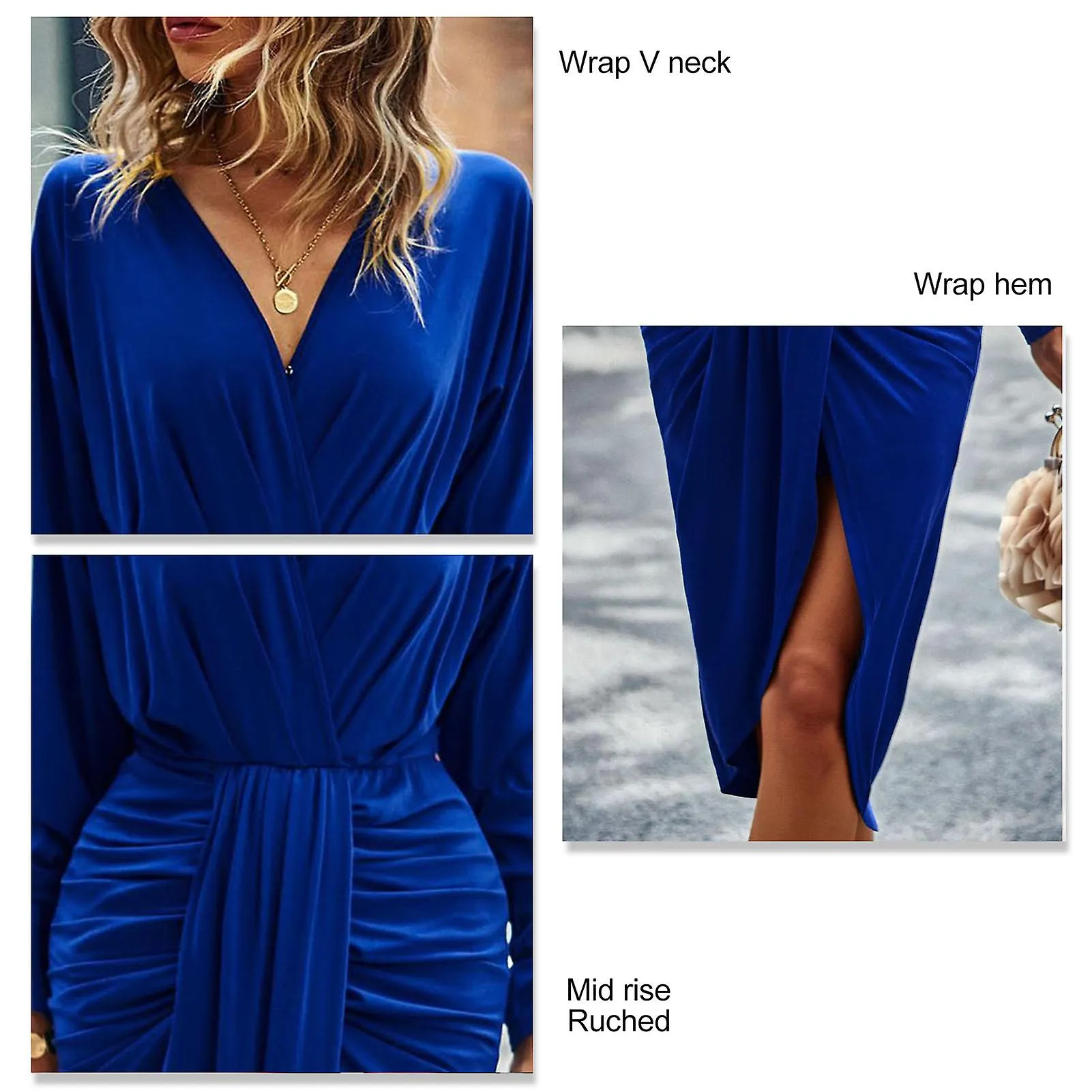 V Neck Long Sleeve Dress - Elegant Pure Color Ruched Wrap Hem - Bodycon Dress for Cocktail Party