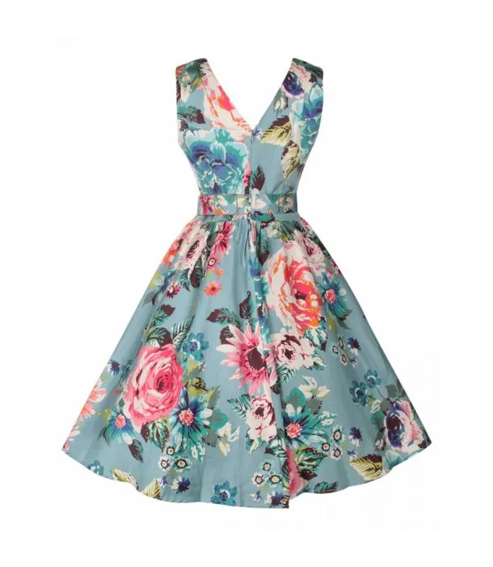 Vintage blue floral print swing V-neck dress midi cocktail - Petal V667-2