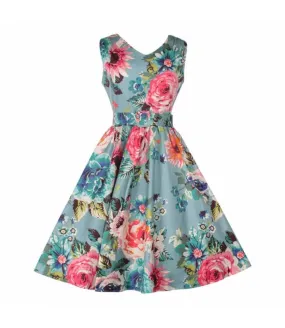 Vintage blue floral print swing V-neck dress midi cocktail - Petal V667-2