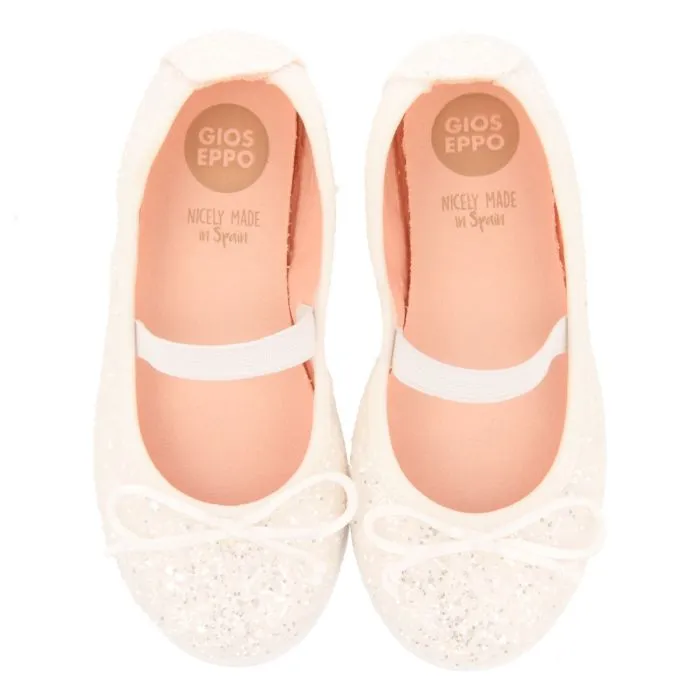 WHITE GLITTER BALLET FLATS WITH ELASTIC STRAP FOR GIRL AND BOY MOLALLA