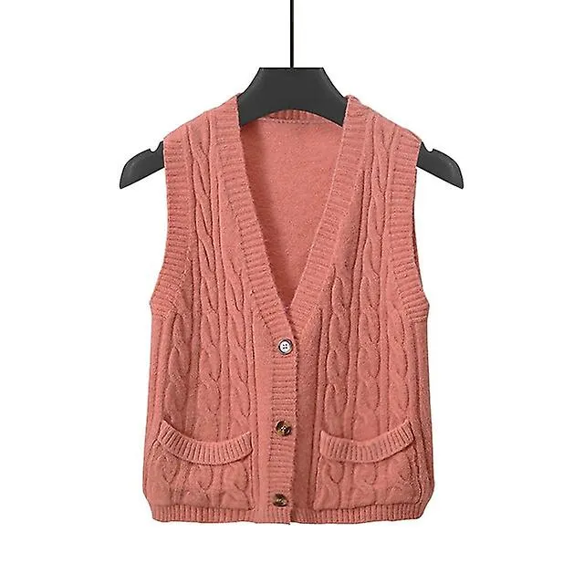 Woman's Vest Pocket Button Knit Solid Color Elegant Basic Casual Sleeveless Regular Fit Cardigans V Neck Sweater