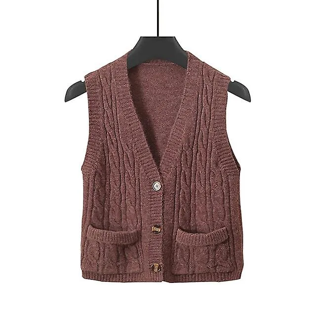 Woman's Vest Pocket Button Knit Solid Color Elegant Basic Casual Sleeveless Regular Fit Cardigans V Neck Sweater