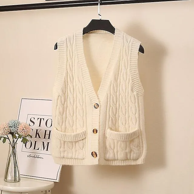 Woman's Vest Pocket Button Knit Solid Color Elegant Basic Casual Sleeveless Regular Fit Cardigans V Neck Sweater