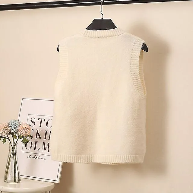 Woman's Vest Pocket Button Knit Solid Color Elegant Basic Casual Sleeveless Regular Fit Cardigans V Neck Sweater