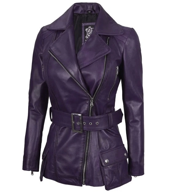 Women's Asymmetrical Purple Belted Leather Jacket