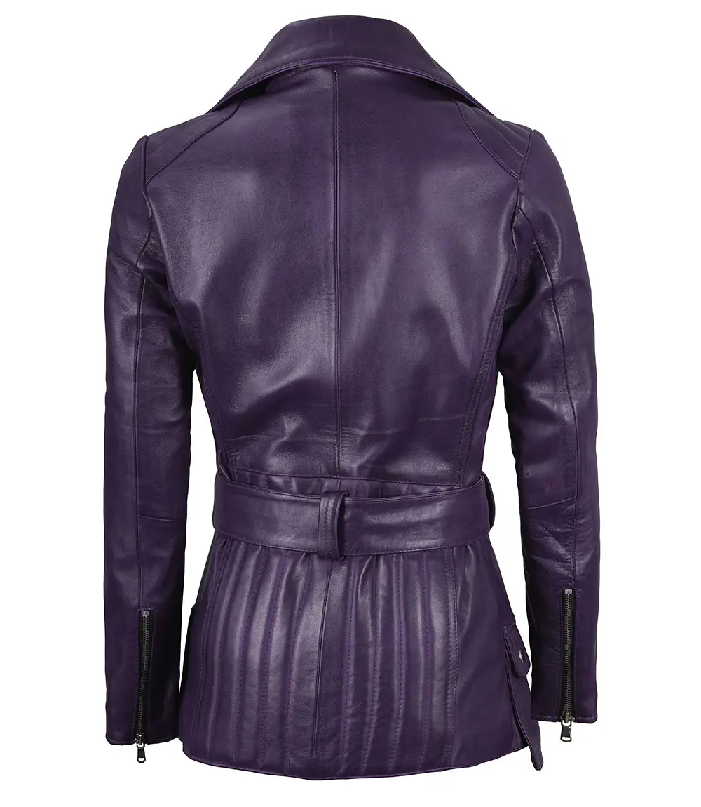 Women's Asymmetrical Purple Belted Leather Jacket