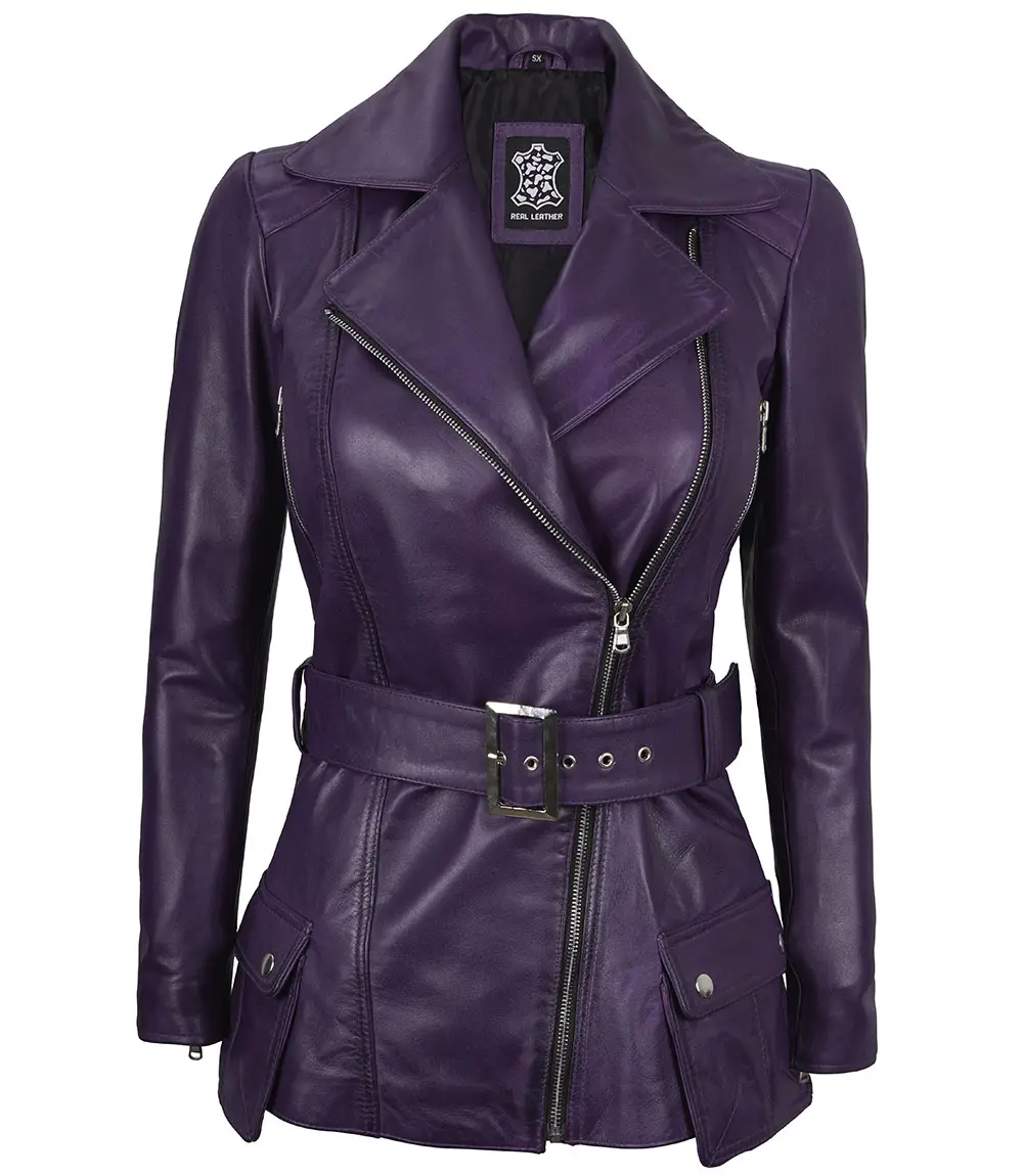 Women's Asymmetrical Purple Belted Leather Jacket