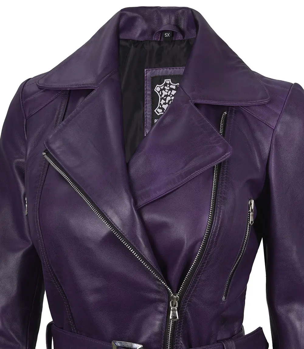 Women's Asymmetrical Purple Belted Leather Jacket