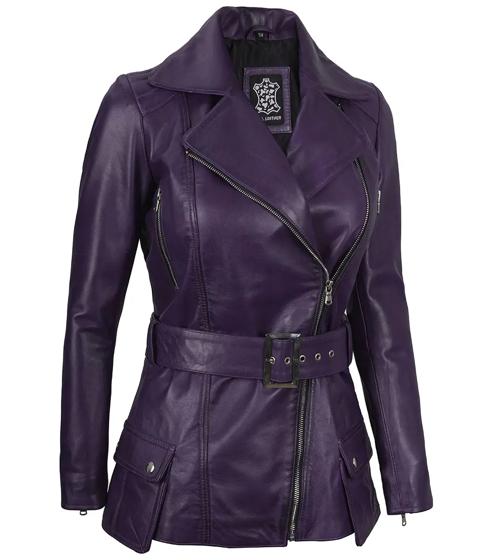 Women's Asymmetrical Purple Belted Leather Jacket