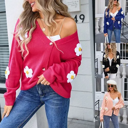 Women's Cardigan Knitwear Long Sleeve Sweaters & Cardigans Streetwear Flower