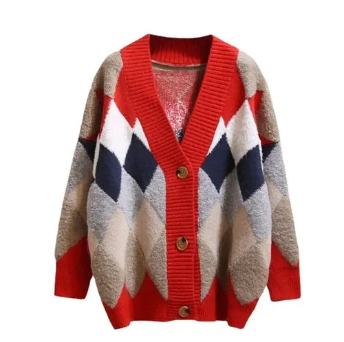 Women's Cardigan Long Sleeve Sweaters & Cardigans Button Casual Argyle