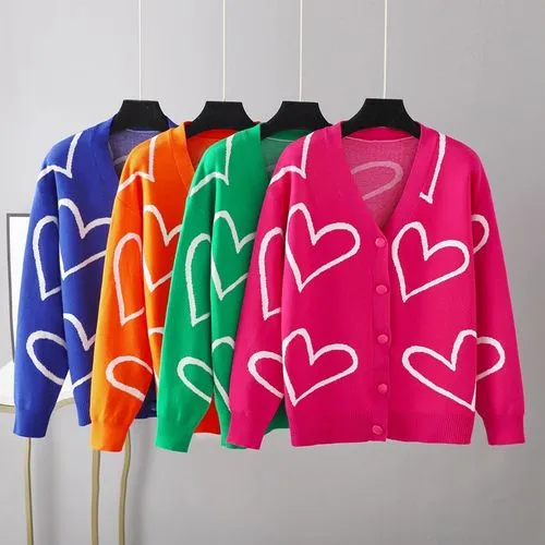 Women's Cardigan Long Sleeve Sweaters & Cardigans Button Fashion Heart Shape