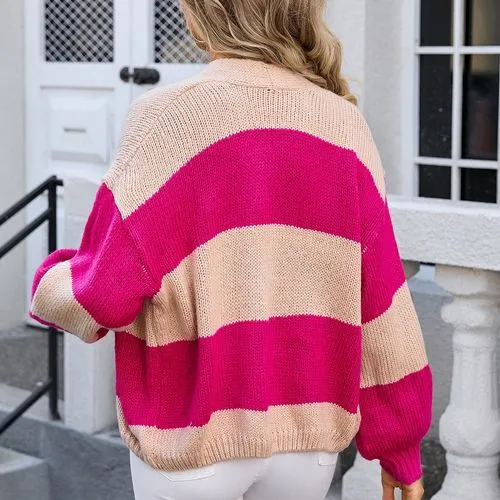 Women's Cardigan Sweater Long Sleeve Sweaters & Cardigans Contrast Binding Streetwear Color Block Stripe