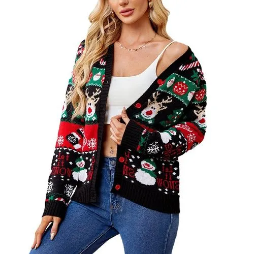 Women's Cardigan Sweater Long Sleeve Sweaters & Cardigans Jacquard Contrast Binding Casual Christmas Tree Color Block