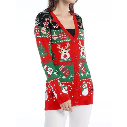 Women's Cardigan Sweater Long Sleeve Sweaters & Cardigans Jacquard Contrast Binding Casual Christmas Tree Color Block