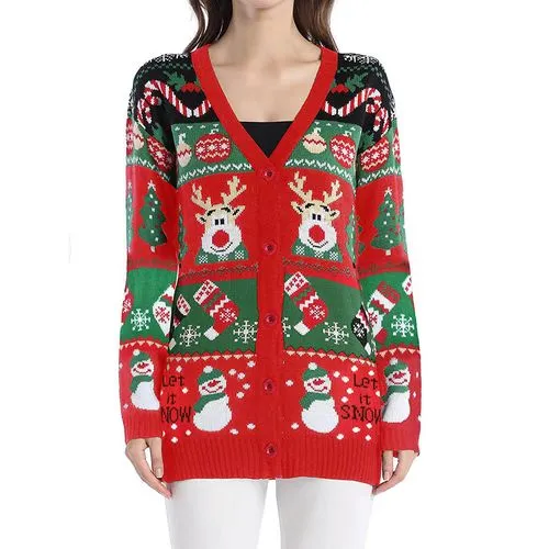 Women's Cardigan Sweater Long Sleeve Sweaters & Cardigans Jacquard Contrast Binding Casual Christmas Tree Color Block