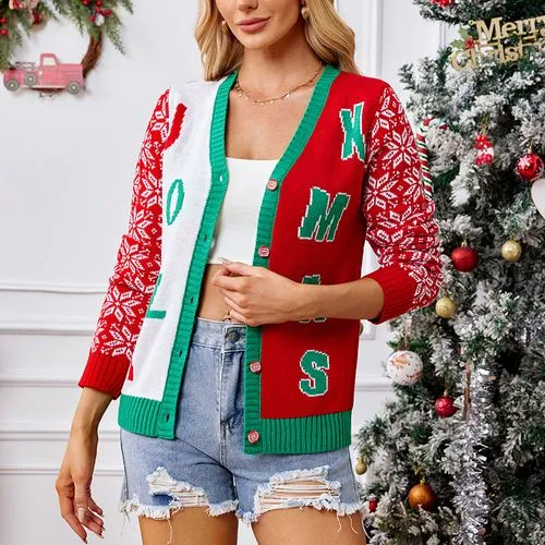 Women's Cardigan Sweater Long Sleeve Sweaters & Cardigans Jacquard Contrast Binding Christmas Letter Color Block