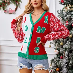 Women's Cardigan Sweater Long Sleeve Sweaters & Cardigans Jacquard Contrast Binding Christmas Letter Color Block