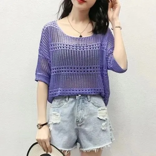 Women's Knitwear Eyelet Top 3/4 Length Sleeve Blouses Braid Mesh Knitted Simple Style Solid Color