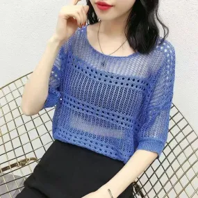 Women's Knitwear Eyelet Top 3/4 Length Sleeve Blouses Braid Mesh Knitted Simple Style Solid Color