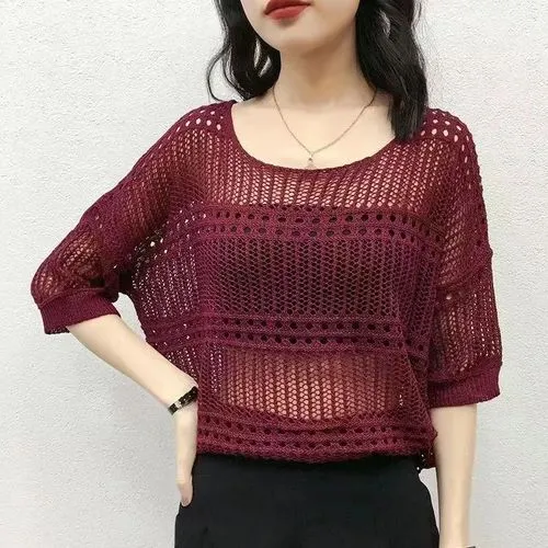 Women's Knitwear Eyelet Top 3/4 Length Sleeve Blouses Braid Mesh Knitted Simple Style Solid Color