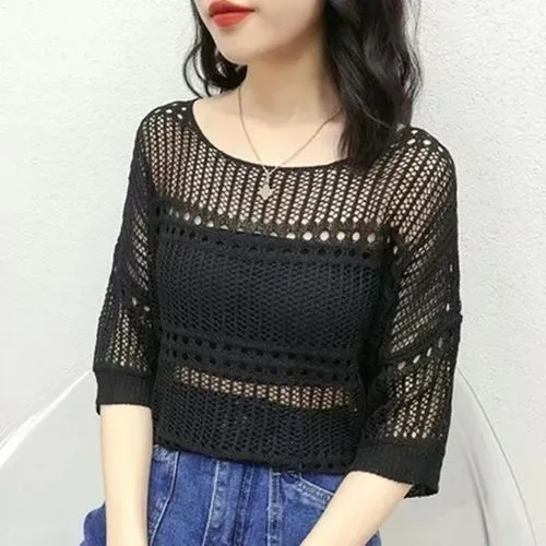 Women's Knitwear Eyelet Top 3/4 Length Sleeve Blouses Braid Mesh Knitted Simple Style Solid Color