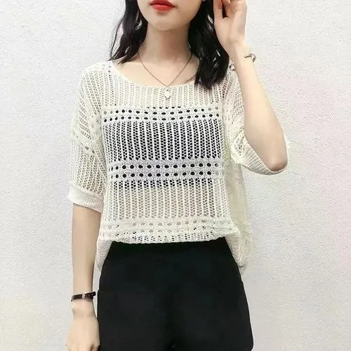 Women's Knitwear Eyelet Top 3/4 Length Sleeve Blouses Braid Mesh Knitted Simple Style Solid Color