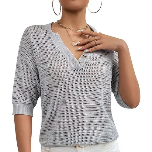 Women's Knitwear Half Sleeve Blouses Button Hollow Out Casual Simple Style Solid Color