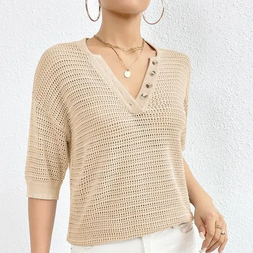 Women's Knitwear Half Sleeve Blouses Button Hollow Out Casual Simple Style Solid Color