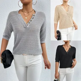 Women's Knitwear Half Sleeve Blouses Button Hollow Out Casual Simple Style Solid Color