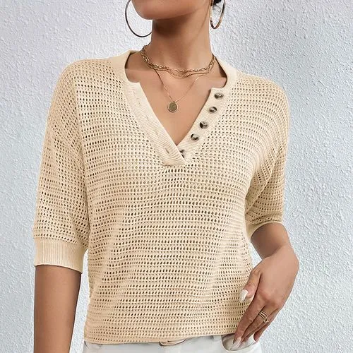 Women's Knitwear Half Sleeve Blouses Button Hollow Out Casual Simple Style Solid Color