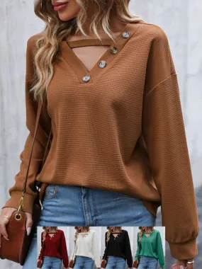 Women's Knitwear Long Sleeve Blouses Button Hollow Out Elegant Streetwear Solid Color