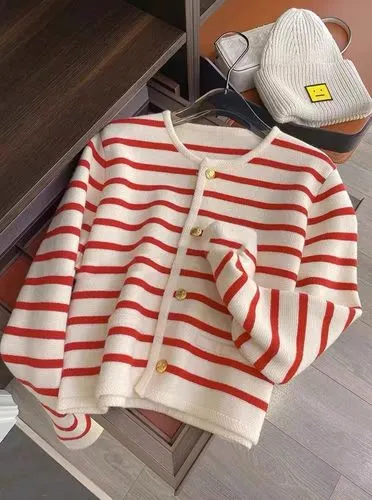 Women's Knitwear Long Sleeve Sweaters & Cardigans Button Yarn-Dyed Streetwear Stripe