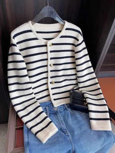 Women's Knitwear Long Sleeve Sweaters & Cardigans Button Yarn-Dyed Streetwear Stripe