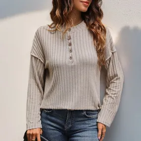 Women's Knitwear Long Sleeve T-Shirts Button Rib-Knit Casual Stripe Solid Color