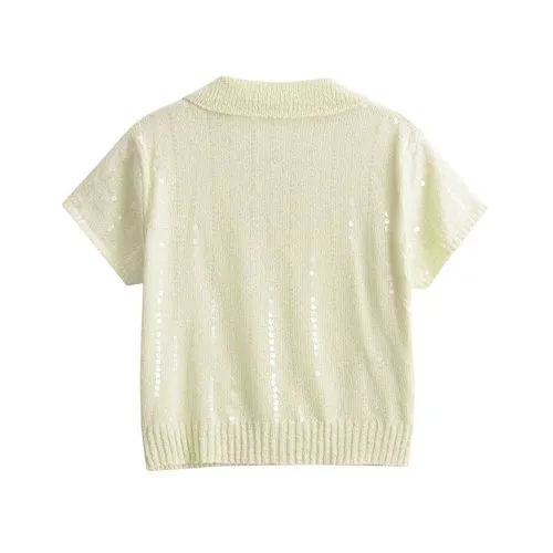 Women's Knitwear Long Sleeve T-Shirts Sequins Button Elegant Streetwear Glittery Solid Color