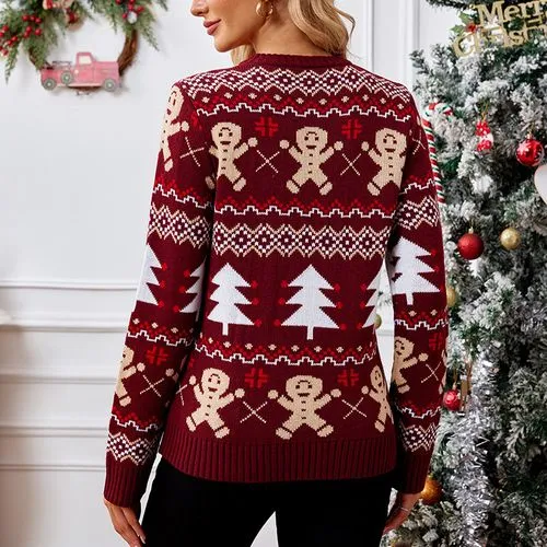 Women's Sweater Long Sleeve Sweaters & Cardigans Jacquard Casual Christmas Tree Gingerbread