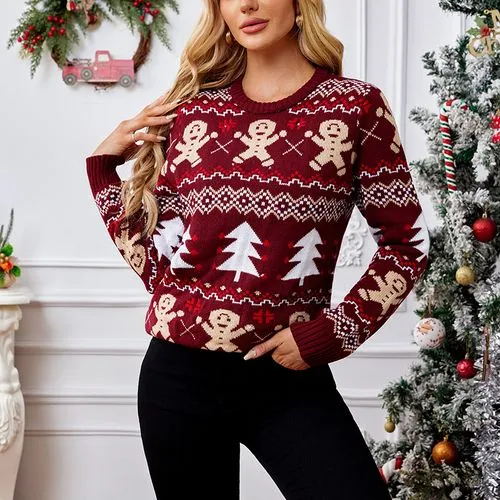 Women's Sweater Long Sleeve Sweaters & Cardigans Jacquard Casual Christmas Tree Gingerbread