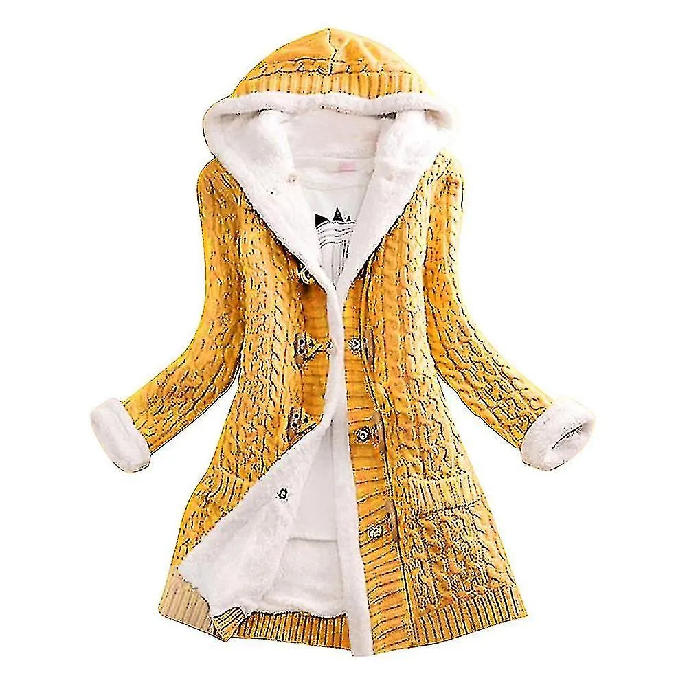 Women's Hooded Thick Plush-lined Cardigan Knit Coat with Pockets