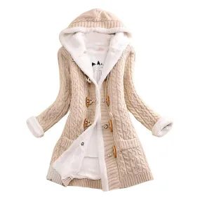 Women's Hooded Thick Plush-lined Cardigan Knit Coat with Pockets