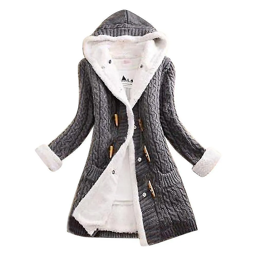 Women's Hooded Thick Plush-lined Cardigan Knit Coat with Pockets