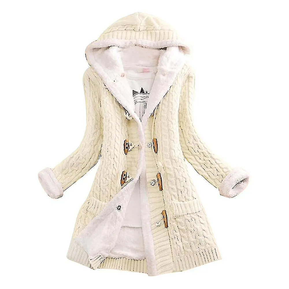 Women's Hooded Thick Plush-lined Cardigan Knit Coat with Pockets