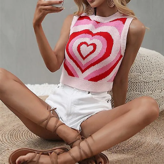 Women's Knitted Love Heart Elegant Casual Valentine's Day Soft Sleeveless Regular Fit Sweater Cardigans Round Neck