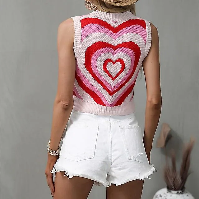 Women's Knitted Love Heart Elegant Casual Valentine's Day Soft Sleeveless Regular Fit Sweater Cardigans Round Neck