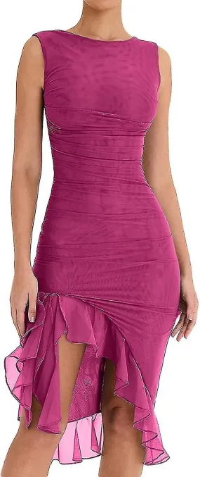 Women's Sleeveless Frill Hem Mermaid Tail Midi Dress: Cocktail Party Summer Tank Dress