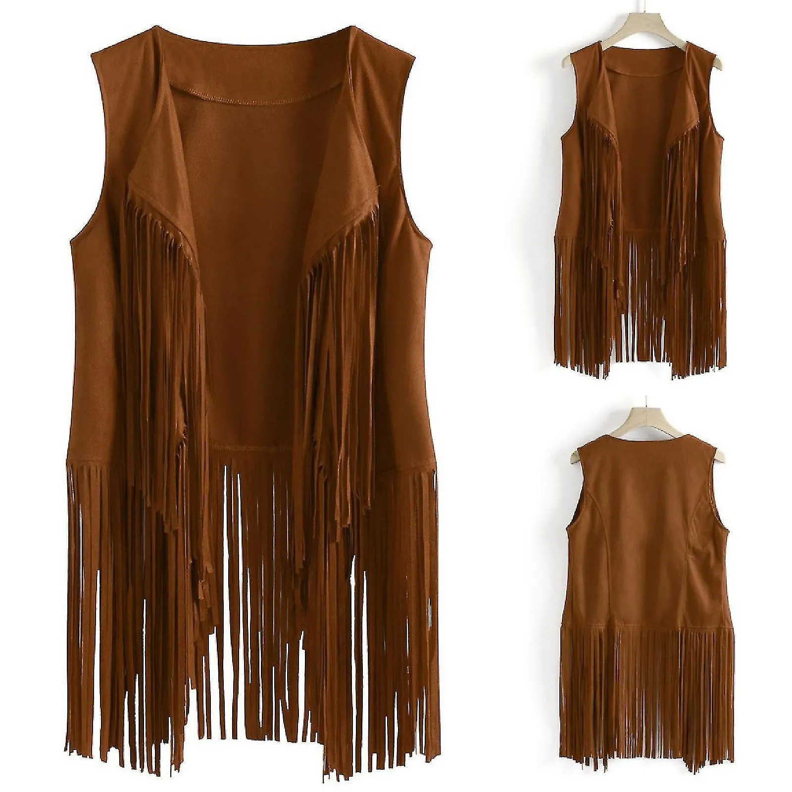 Women's Suede Ethnic Sleeveless Tassel Fringe Vest Cardigan